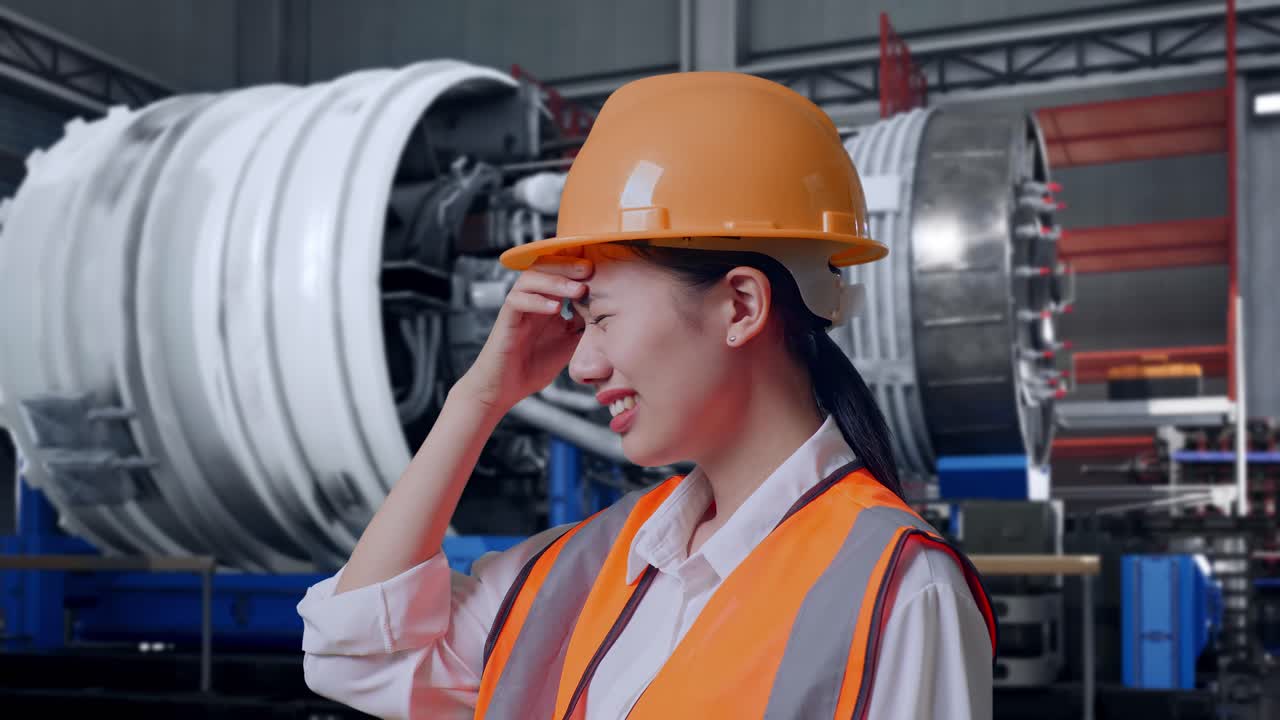 Close Up Side View Of Asian Female Engineer With Safety Helmet Having A Headache While Working With Airplane Engine Maintenance Conducted