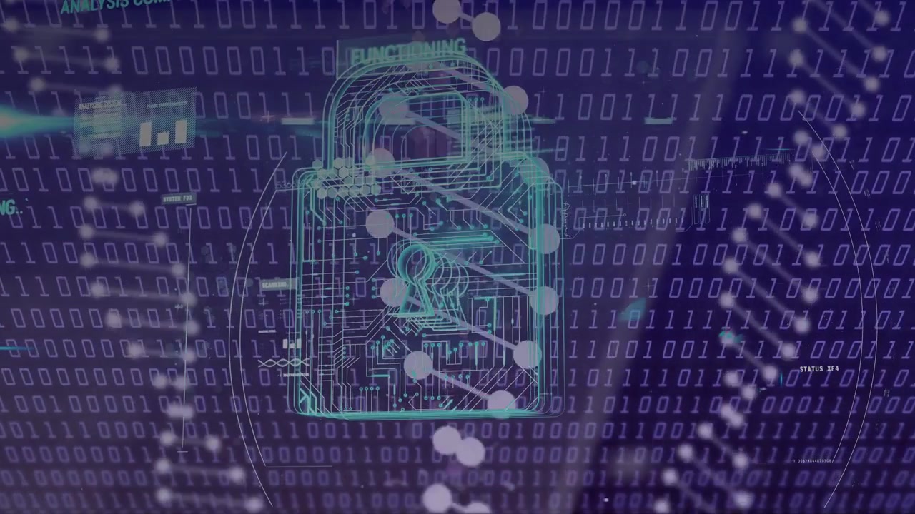 On scan pulse wireframe padlock animating internal nodes, pulsing keyhole to confirm safety
