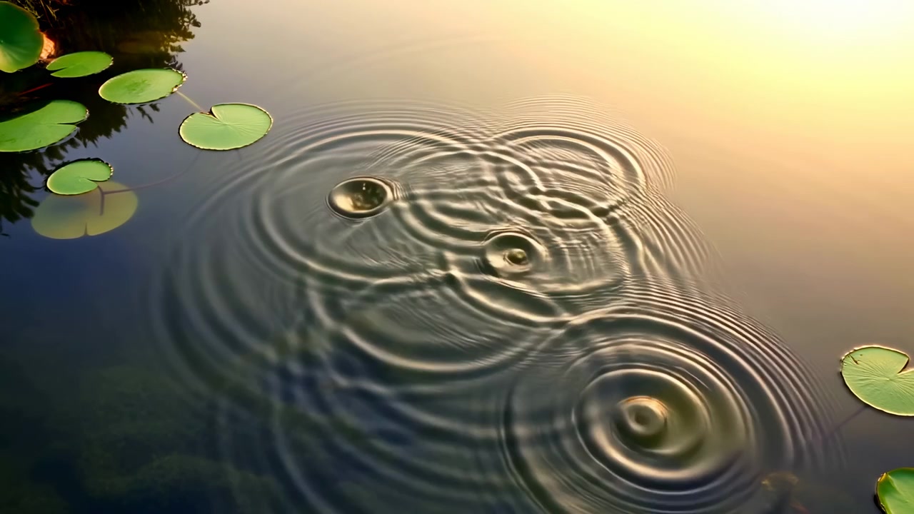 寧靜池塘水面的溫暖俯視圖，邊緣環繞著睡蓮葉，水面映照著柔和的金色倒影，同心圓漣漪在水面蕩漾。