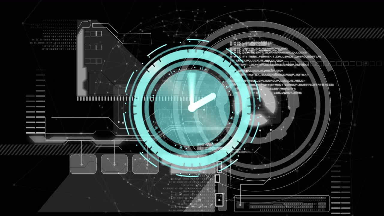 Animation of clock with turning hands over digital interface with data processing on black