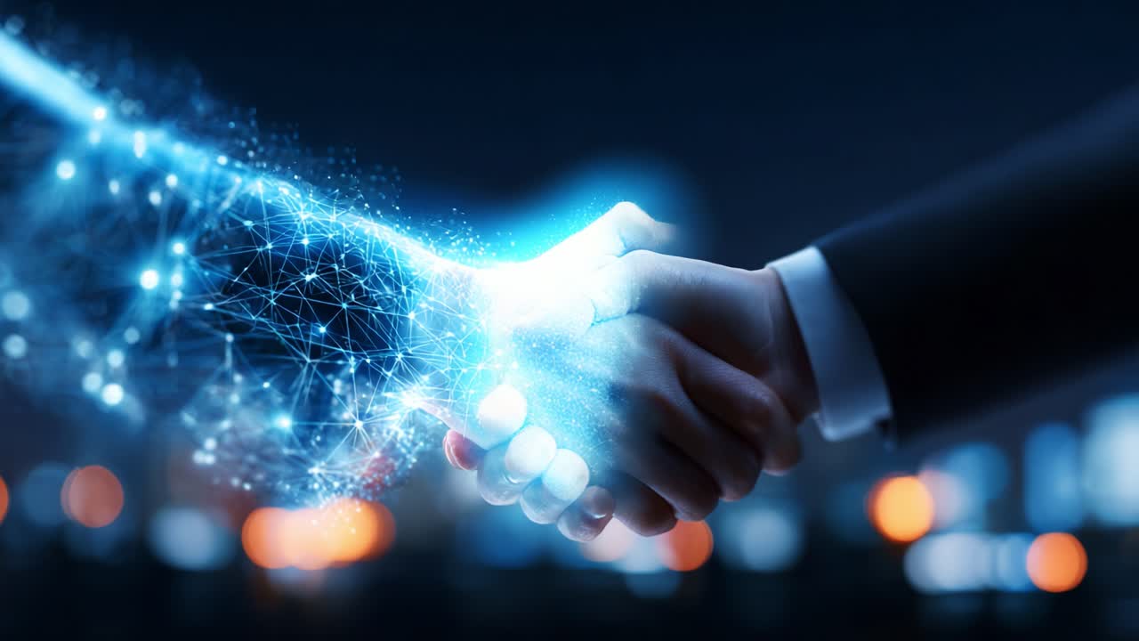 A Futuristic Digital Handshake Symbolizing Innovation, Technology, and Collaboration in the Age of Advanced Communication and Connectivity, Uniting Mankind for Progress