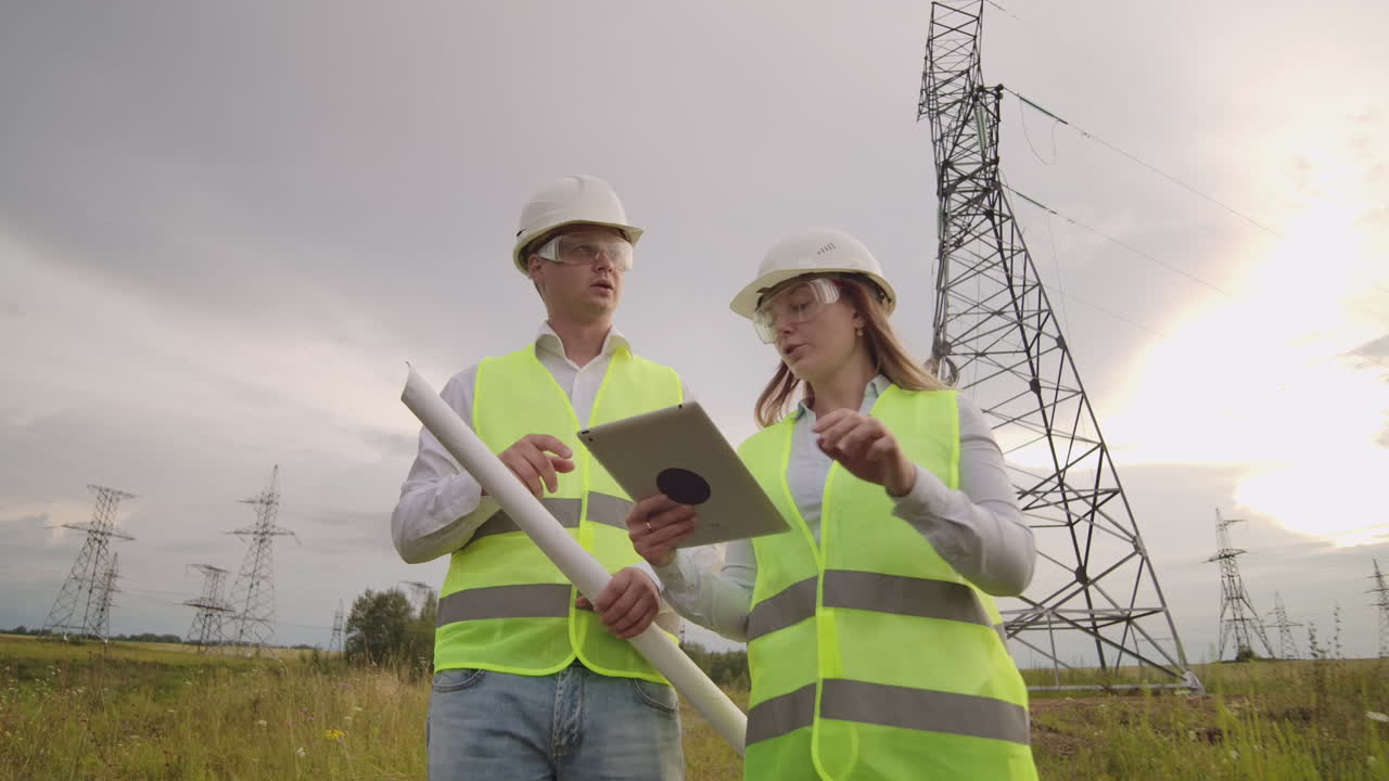 dos electricistas trabajan juntos de pie en el campo cerca de la línea de transmisión de electricidad en cascos. dos electricistas trabajan juntos de pie en el campo cerca con torres de transmisión de energía. combustible ecológico