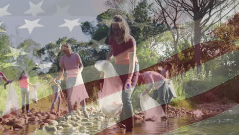 composite video of american flag against group of diverse volunteers cleaning the forest