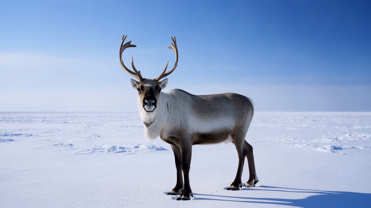 Solitary Reindeer On Arctic Snow Under Blue Sky, Majestic Antlers Casting Long Shadow On Pristine Ice,