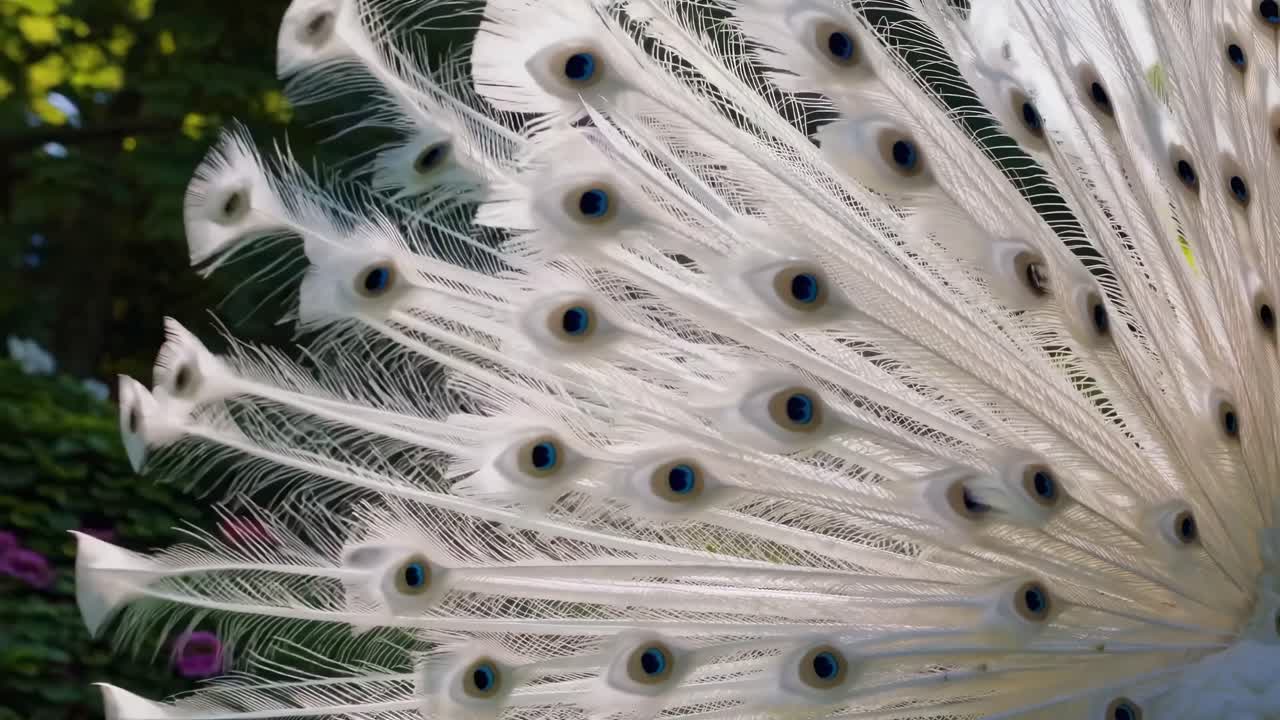 Close-up video of a white peacock's feathers, captured from a side angle, showcasing intricate
