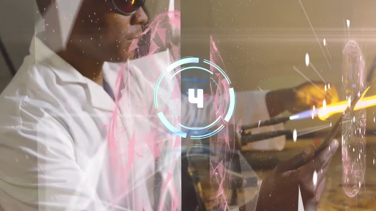 Animation of scope scanning over african american male scientist working in lab