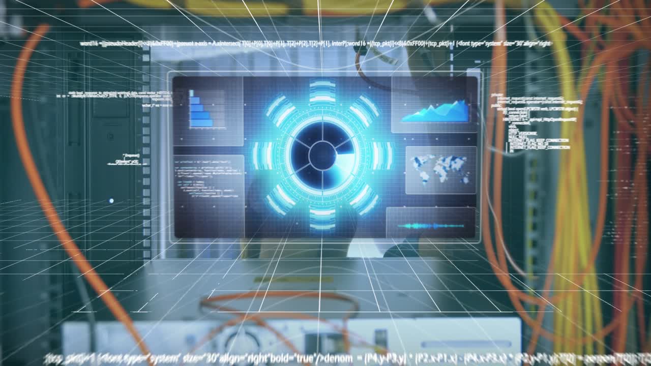 Animation of data processing over caucasian female engineer connecting computer wires