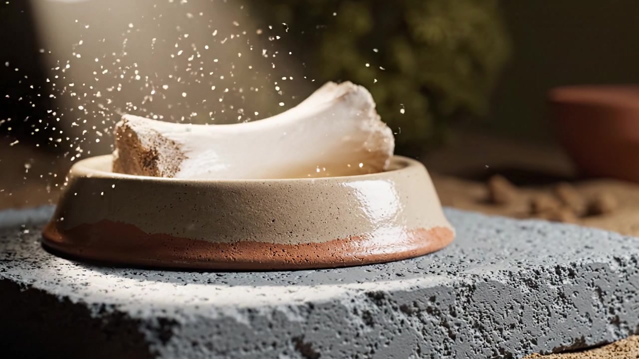 Künstlerische Darstellung eines Knochenobjekts auf einer strukturierten Platte, umgeben von natürlichem Licht und erdigen Materialien in einer Studio-Umgebung.