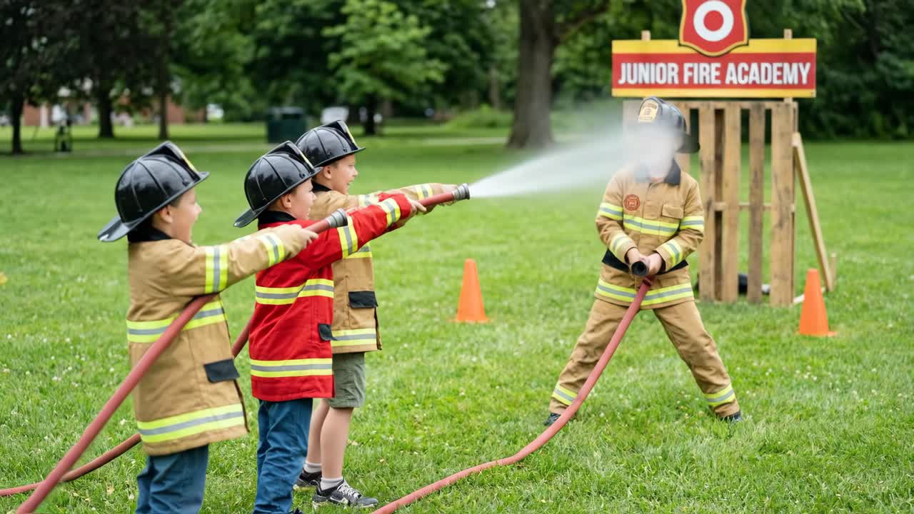 Young Boys Dressed as Junior Firefighters Practice with a Fire Hose