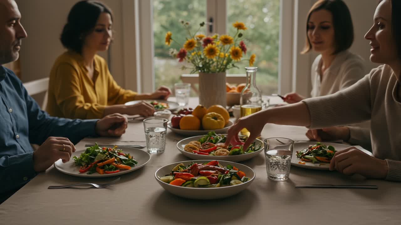 A Delightful Gathering Around the Table Featuring Fresh Salads, Lively Conversations, and a Warm Atmosphere Among Friends or Family Enjoying a Nourishing Meal Together