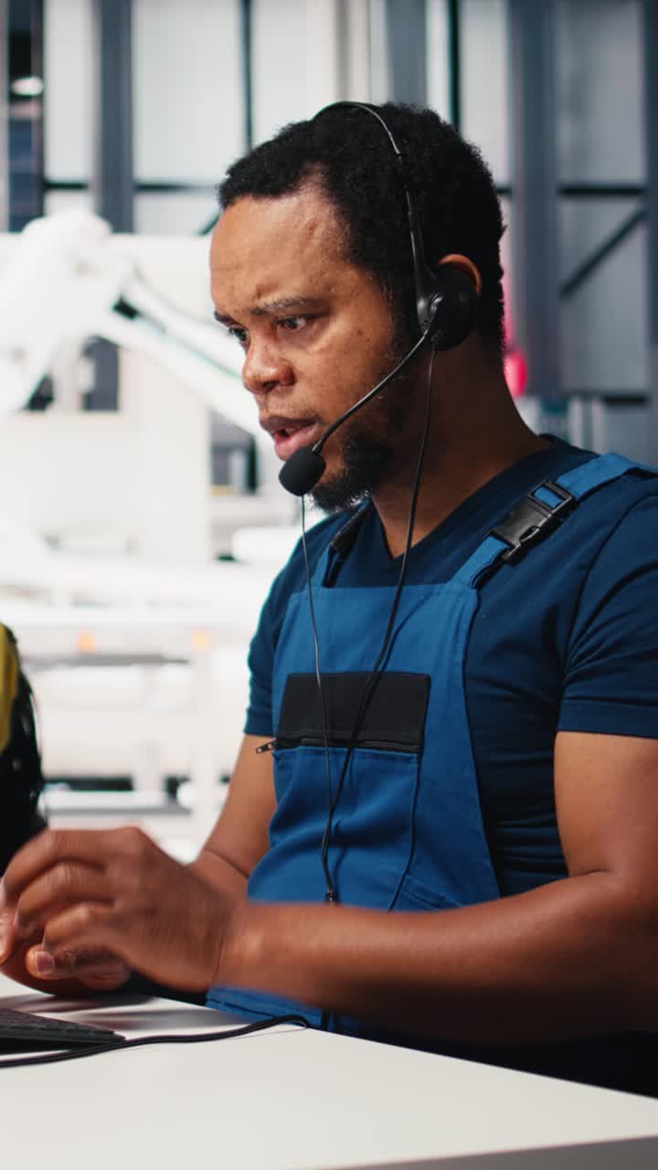 Vertical Video Engineer provides technical support via headset in solar panel factory