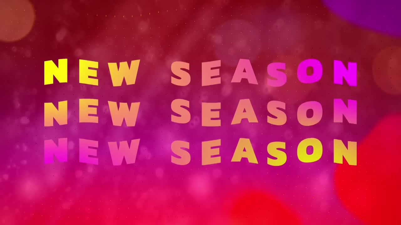 Animación de texto "nueva temporada" sobre puntos coloridos en un fondo rojo