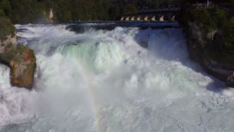 slow motion: close up aerial shot of the roaring waterfall rheinfall at schaffhausen in switzerland