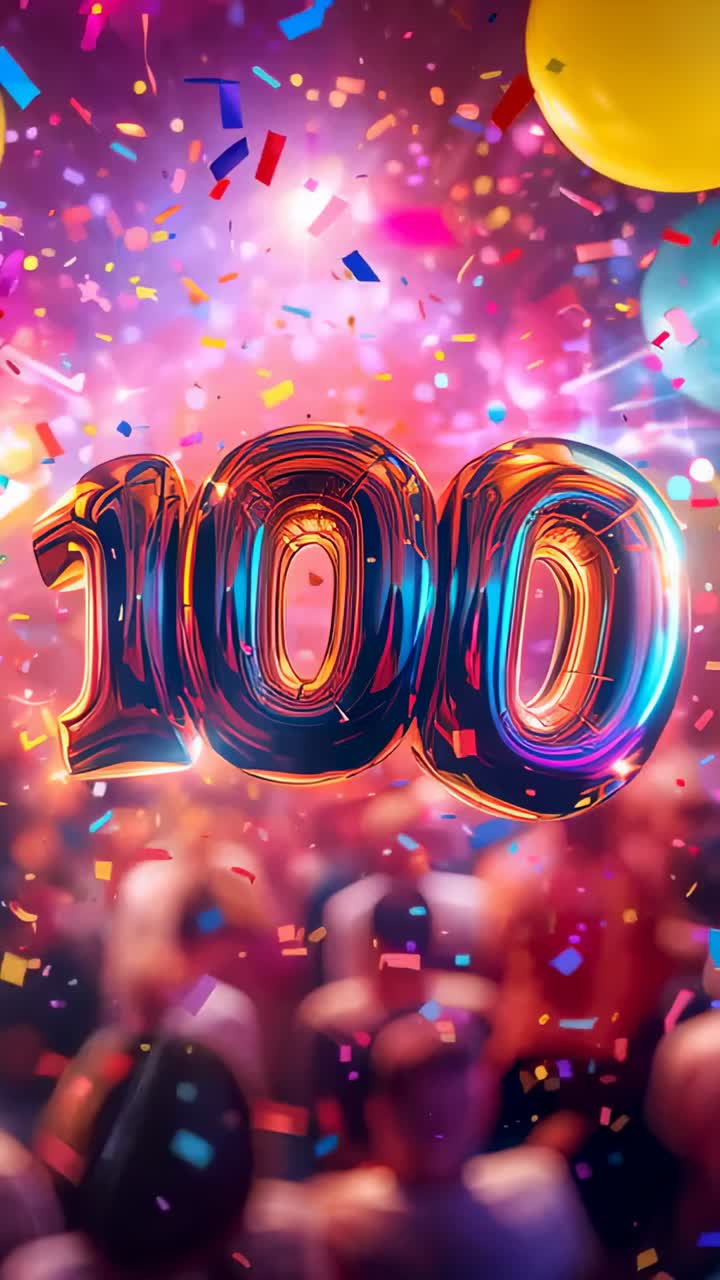 Video verticale: carta riflettente, 1000 palloncini sopra la folla a una festa, coriandoli che cadono
