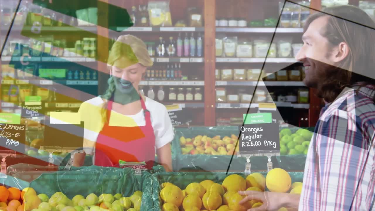 카우카스 백인 상점 직원 및 고객을 통해 금융 데이터 처리의 애니메이션