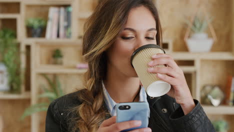 coffee shop, smartphone and student with online