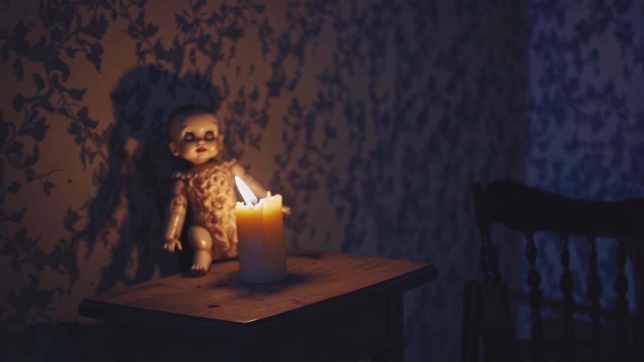 Candle flickers softly beside an antique doll on a wooden table, casting shadows against a floral-patterned wall, creating an eerie and atmospheric scene of nostalgia
