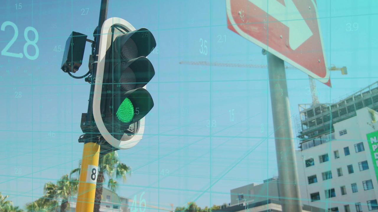 Cabezal de semáforo cambiando de rojo a verde con temporizador, con una cuadrícula y números moviéndose, guiando el tráfico.