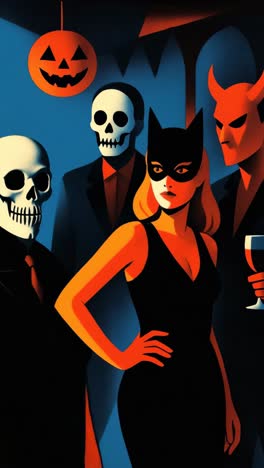 Stylized Halloween party scene with masked figures in suits