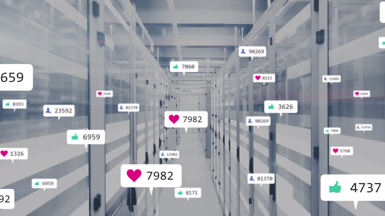 컴퓨터 서버를 통해 소셜 미디어 아이콘과 숫자의 애니메이션