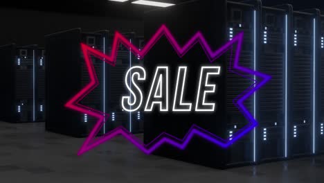animation of sale text in neon speech bubble over computer servers