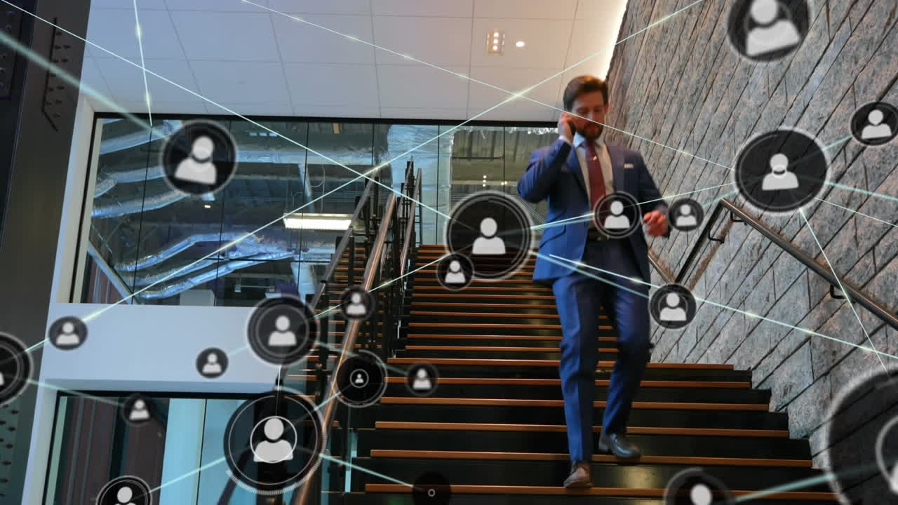 Network of profile icons against caucasian businessman climbing down the stairs at office