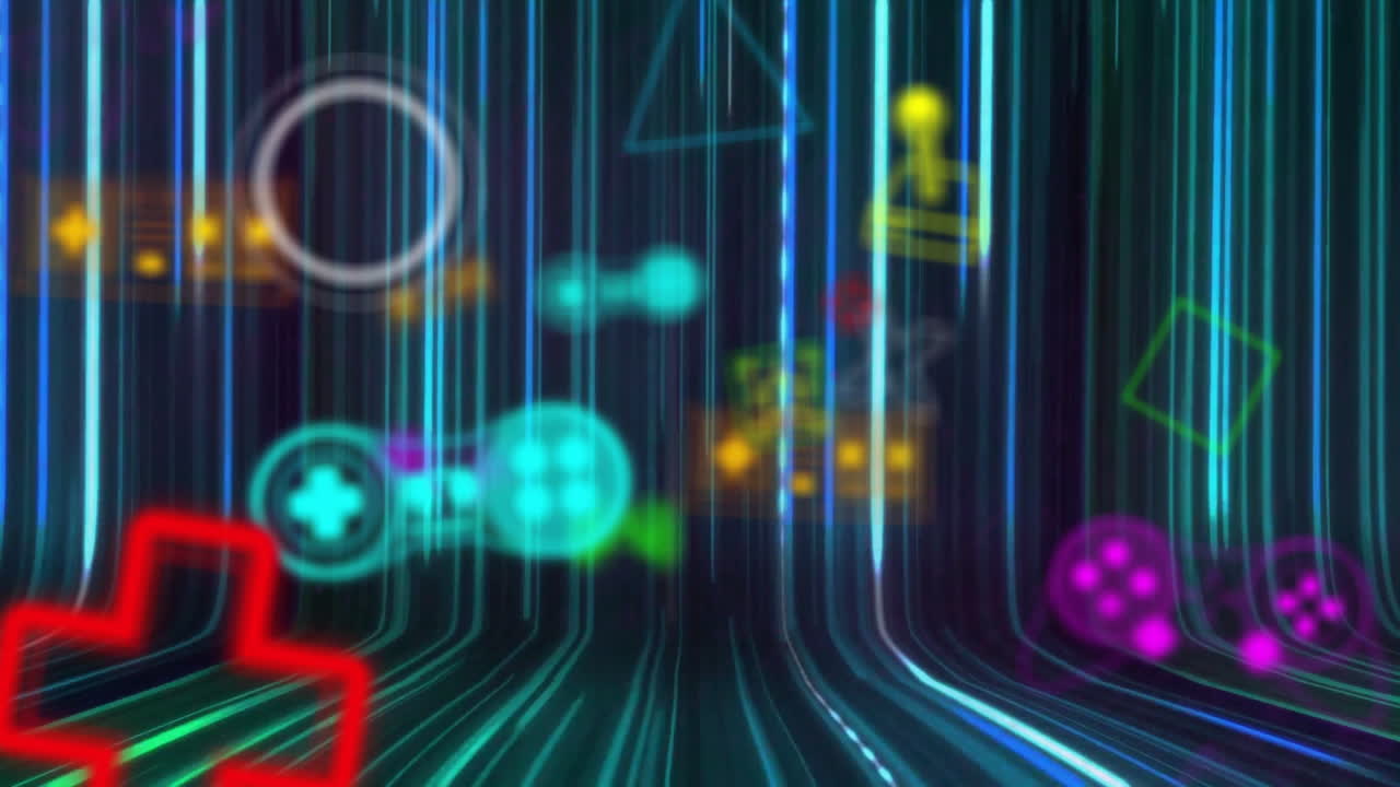 animación de iconos de videojuegos y patrón de neón en fondo negro