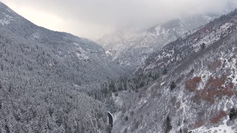 utah mountainous valley forest covered in snow, winter aerial landscape