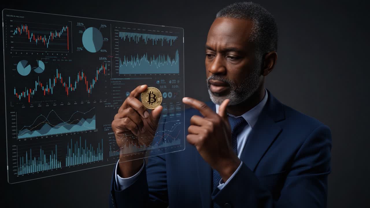 A Businessman Analyzing Bitcoin with Stock Market Data Visualizations: Capturing the Intersection of Finance and Technology in a Modern Setting