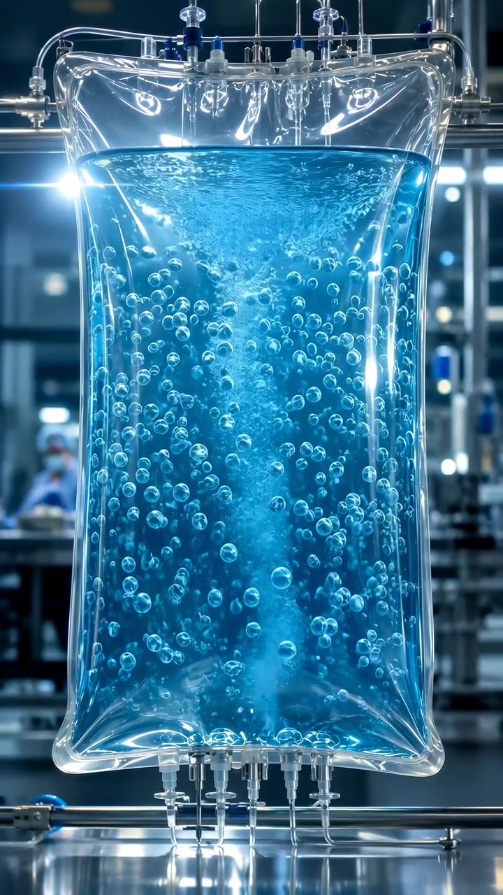 Fluido blu all'interno di un contenitore trasparente mostra bolle che si muovono verso l'alto con illuminazione fredda, superfici lucide, ambiente metallico e inquadratura bilanciata che enfatizza i dettagli puliti del processo