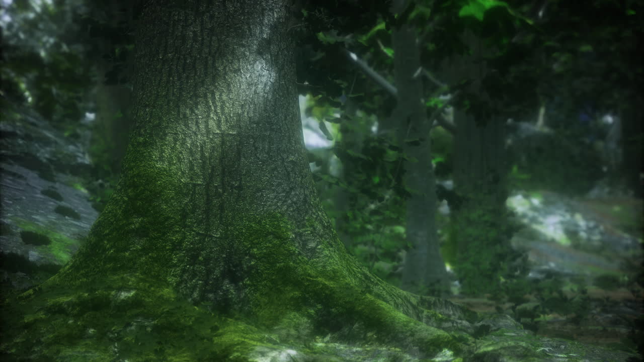Moss covered tree trunk in a lush forest during daylight hours