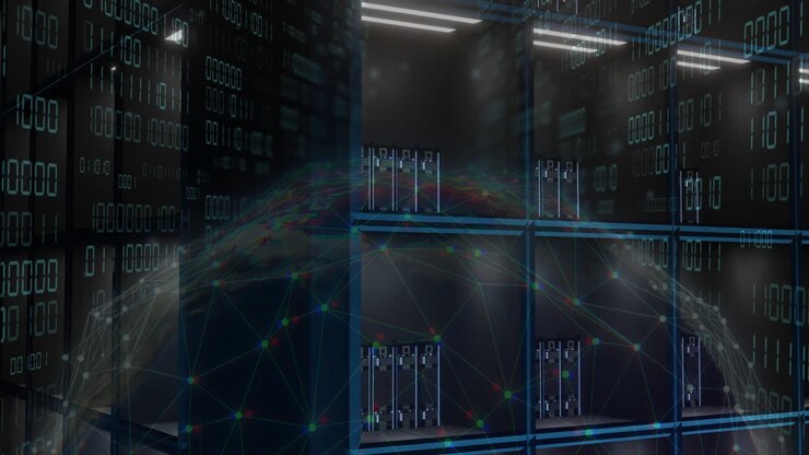 Network of servers and binary code, data processing animation over globe