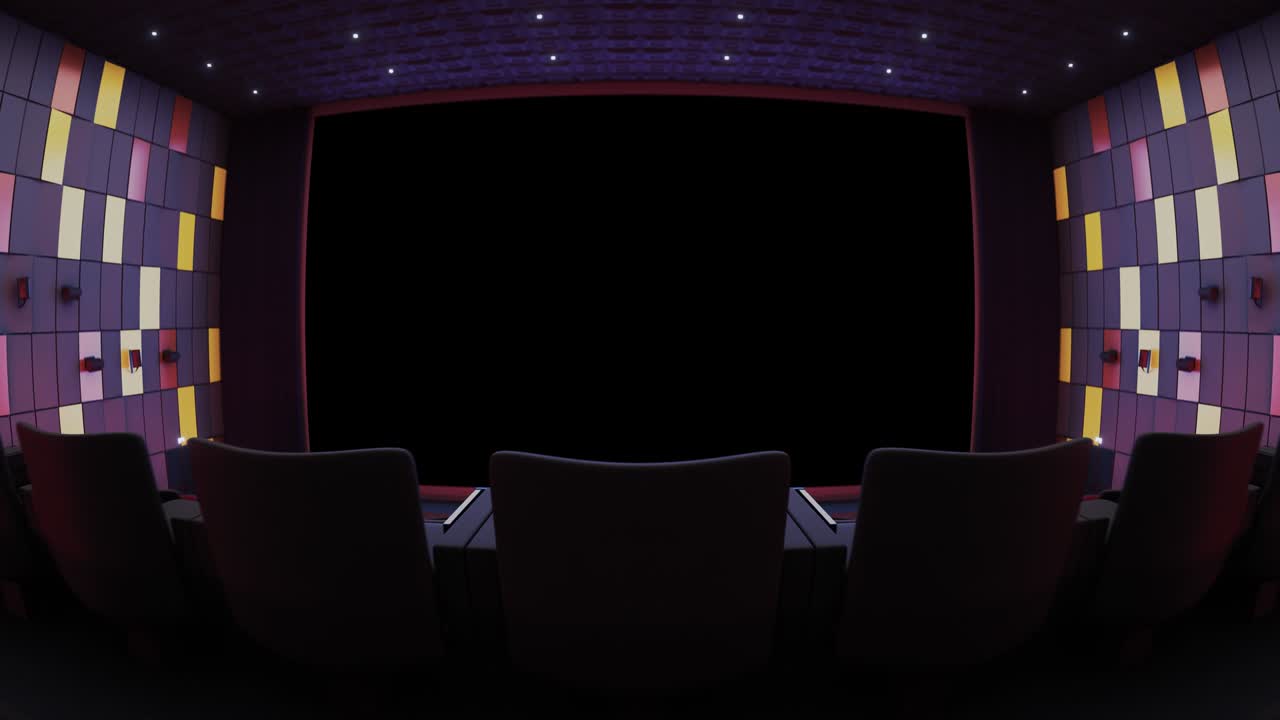 영화관 위를 날아다니며 녹색 스크린으로 들어가는 3d 렌더링