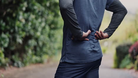 person, back pain and fitness injury outdoor