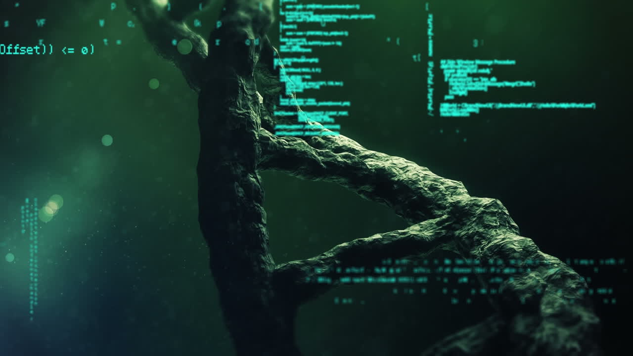 animación del procesamiento de datos sobre el hilado de cadenas de adn en 3d