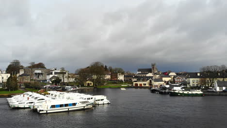 Aerial---Boat-park-at-the-jetty-on-a-lake