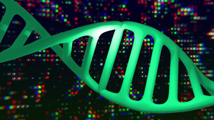 Animation of dna strand, binary coding and data processing