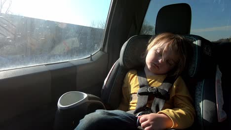 a small child is sleeping in a car seat while traveling during sunny day