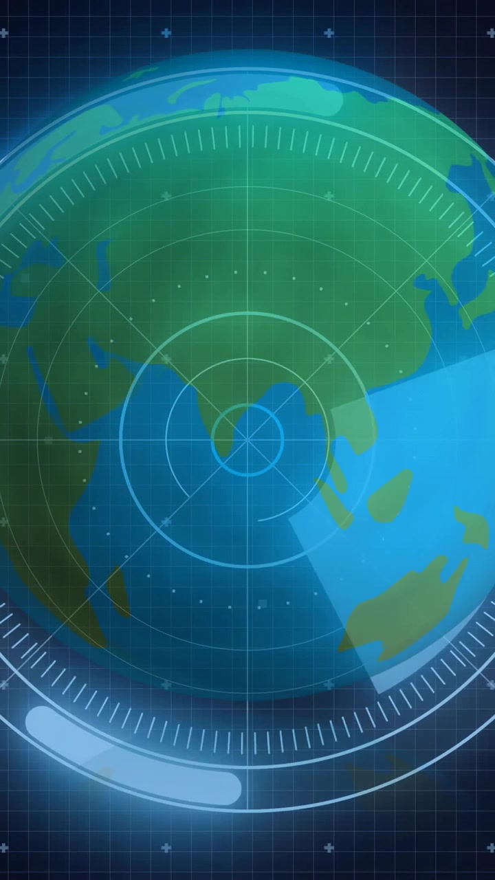 Video verticale: Appare una scansione radar, un globo color verde acqua ruota, rivelando terre per mostrare una scansione globale