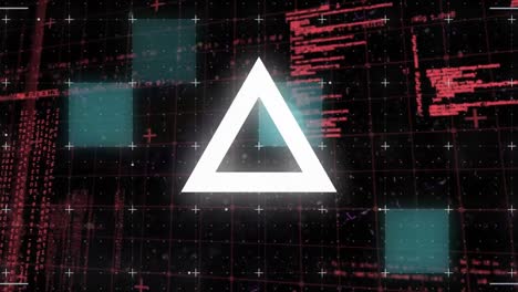 Animation of light trails and abstract triangular shape over data processing on black background