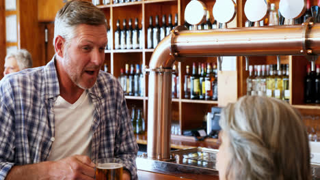 friends interacting while having beer at counter in bar 4k