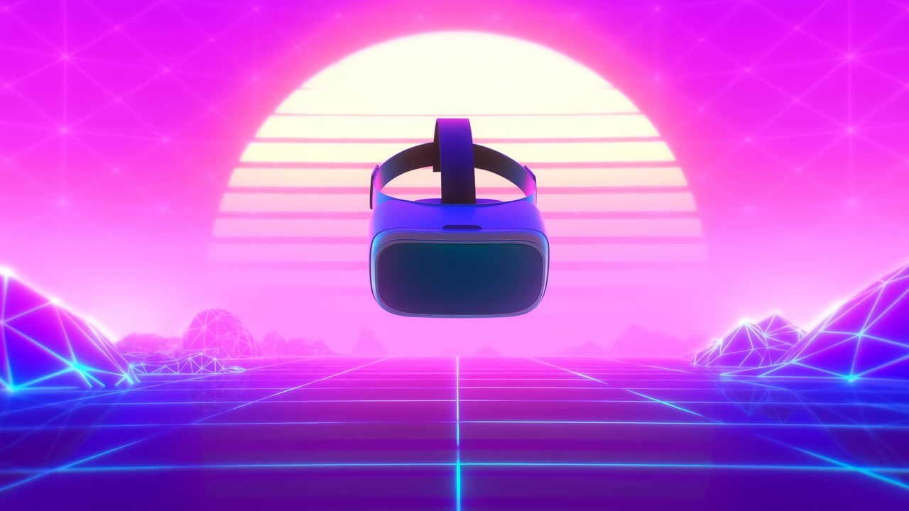 Neon Sunset Headset Hovering Above Grid, Retro Futuristic Synthwave Landscape With Glowing Sun, Wireframe