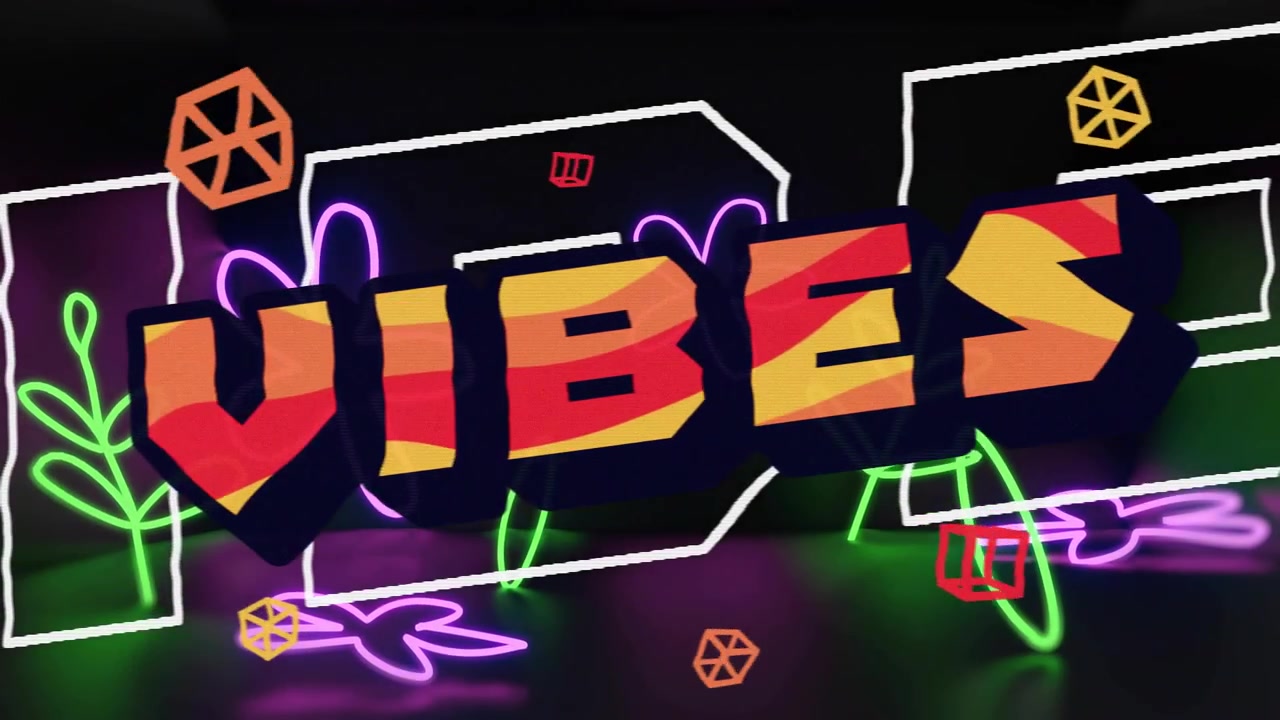 Upon blackout neon outlines tracing frames, plants VIBES bursting and cubes drifting showing vibe