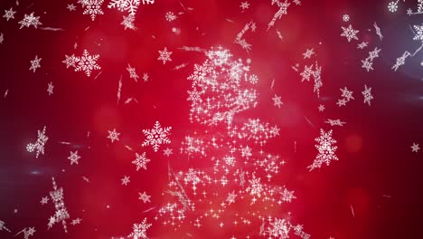 Digital-animation-of-snowflakes-falling-against-christmas-tree-on-red-background