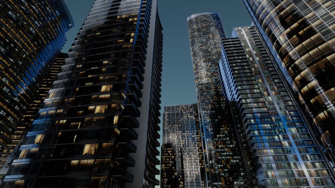 rascacielos de la ciudad por la noche con cielo oscuro