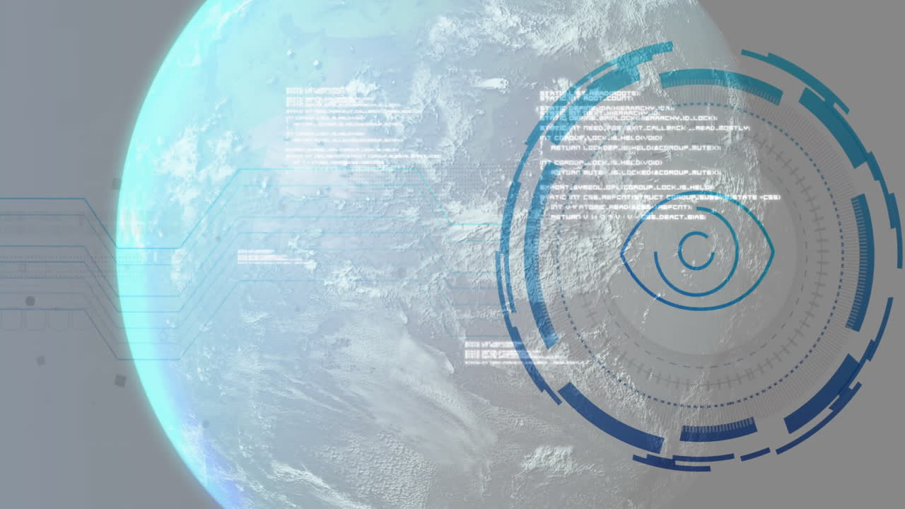 우주에서 지구에 대한 디지털 눈 및 데이터 처리 애니메이션