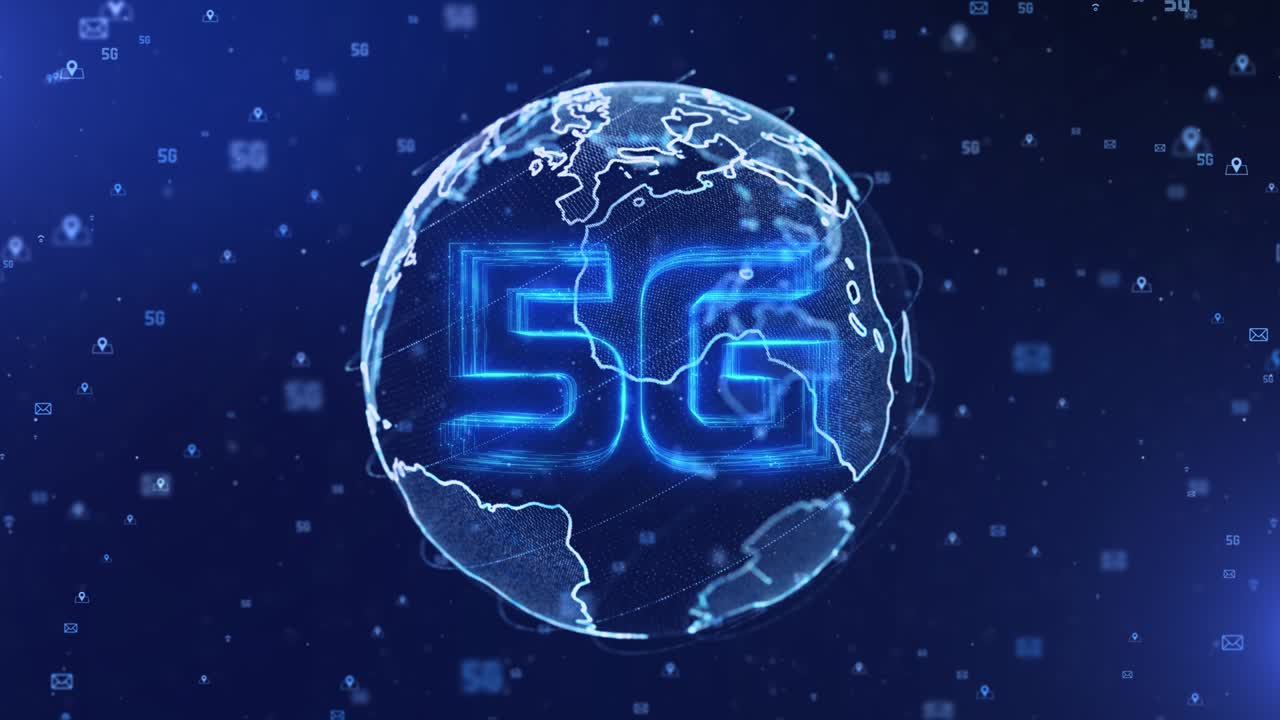 5g big data terra marmo blu lavoro di squadra nuvole digitali globo terrestre rotazione loop animazione