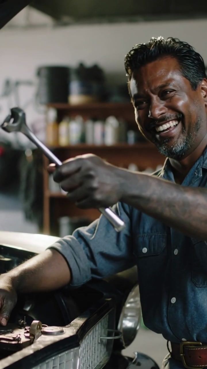 Vertical video: Leaning with hood up, man in denim shirt fixing engine, laughing, gesturing wrench