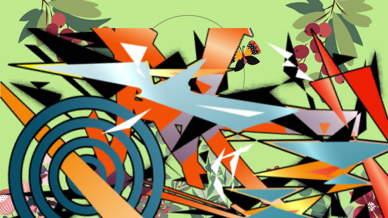 animación digital de formas abstractas contra diseños florales sobre fondo verde