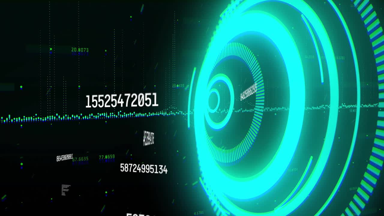 Upon teal rings rotating inward, interface streaming live data, waveform pulsing, numbers updating